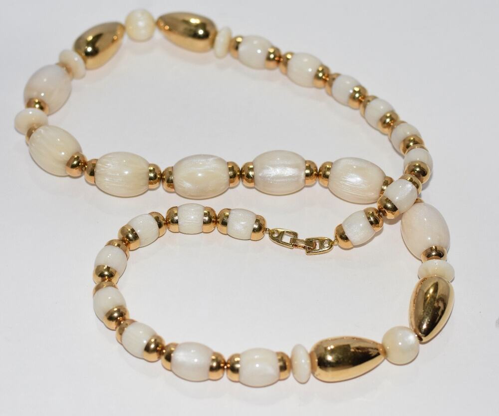 NAPIER Gold & Pearl Ivory Bakelite Beaded Statement Necklace